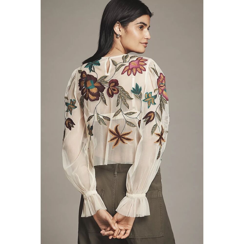 Anthropologie The Layla Long-Sleeve Appliqué Mesh Blouse Size S - Picture 4 of 9